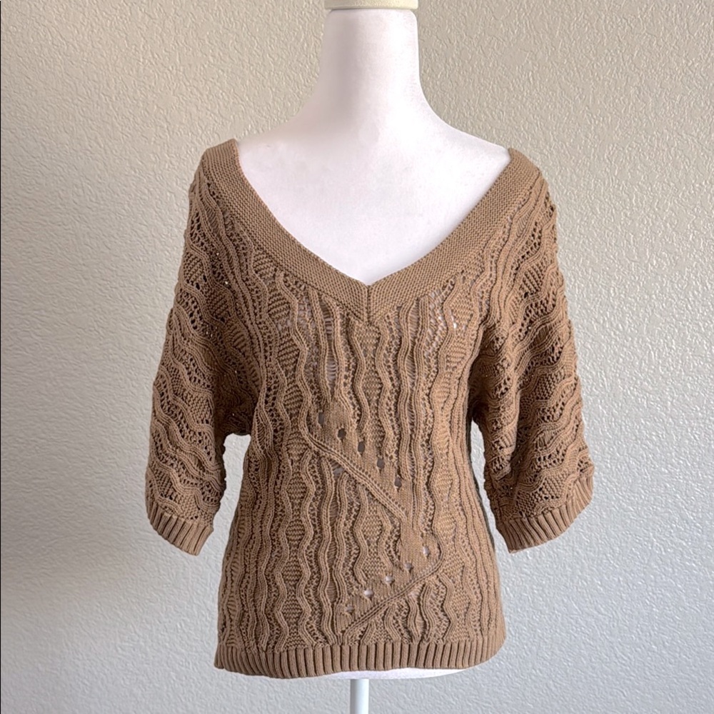 Copper Key Tan V-Neck Cable Knit Sweater - Picture 2 of 4